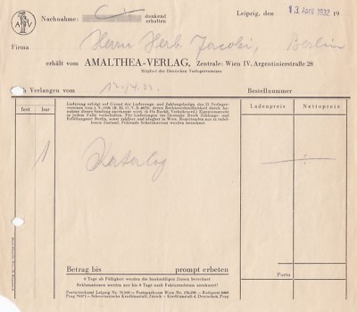 LEIPZIG, Rechnung 1932, Amalthea-Verlag