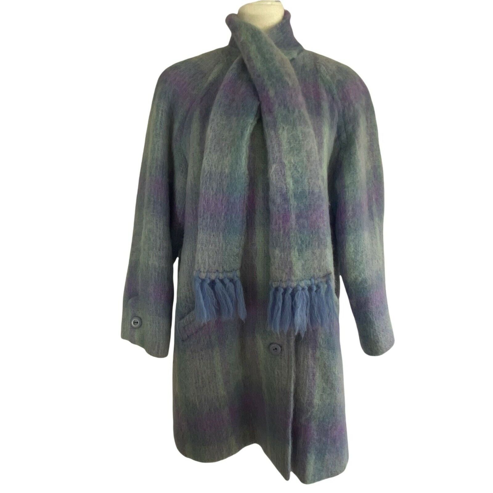 Vintage Donegal Design Mohair Wool Plaid Purple Blue Green Coat Attached Scarf Niska cena, GORĄCE