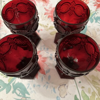 Vtg Avon Set Of 4 Cape Cod Ruby Red Glass Footed Water Wine Goblets