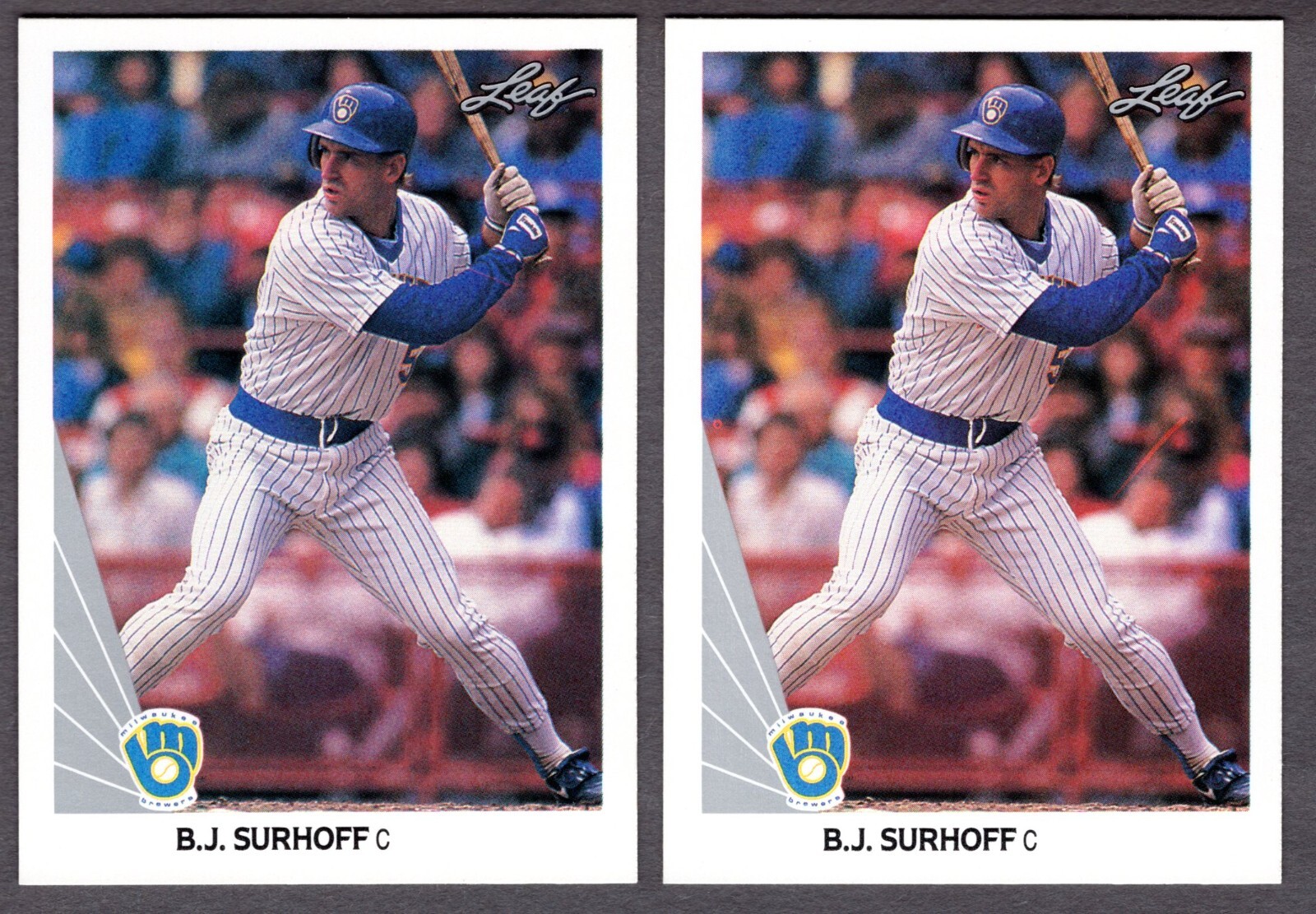 (2) 1990 LEAF B.J. SURHOFF CARD #290 LOT  **NM-MT**  MILWAUKEE BREWERS