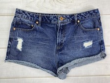 Refuge Shorts Womens 12 Dark Wash 100 Cotton Distressed Raw Rolled Hem Shortie