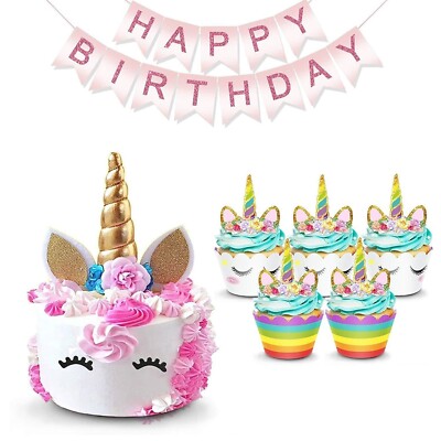 Unicorn Cake Cupcake Wrappers Toppers Banner Rainbow Party Supplies