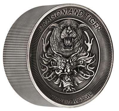 Dragon and Tiger 2022 2 Kilo 9999 Silver Antiqued High Relief $60
