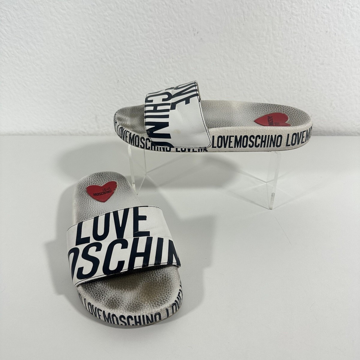 Love Moschino Sliders White Black Logo Print flip flop slides shoes 37