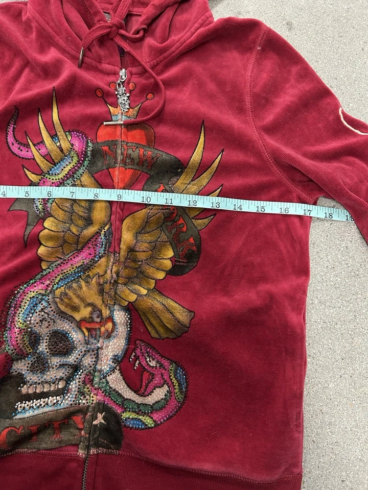 Sudadera con Capucha Vintage Años 00 Ed Hardy Terciopelo Y Seda Interior Deslumbrante Cremallera Talla M Foto 3 de 4