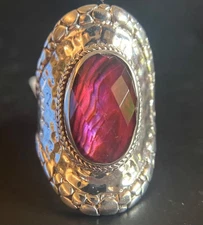 Sarda, Bali Handmade,Sterling & Purple -Pink  Abalone/QTZ Triplet Ring Sz 8