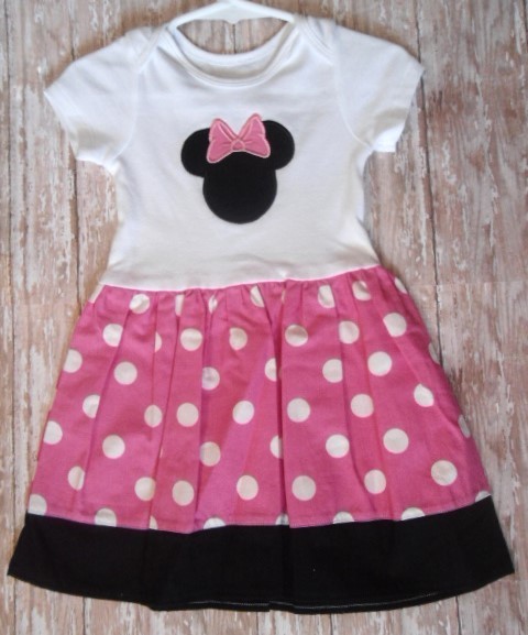 Handmade Minnie Mouse Girls Pink Dot Tee Dress - Ready To Ship - Size 6-12M