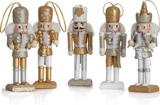 5 Pk Nutcracker Ornaments 5" Gold Silver Glitter Wooden Tree Decor