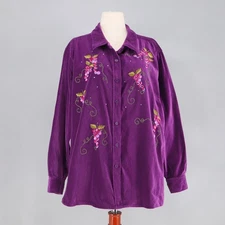 VINTAGE THE QUACKER FACTORY Velvet Grape Embroidery Button Down Shirt Size 1X