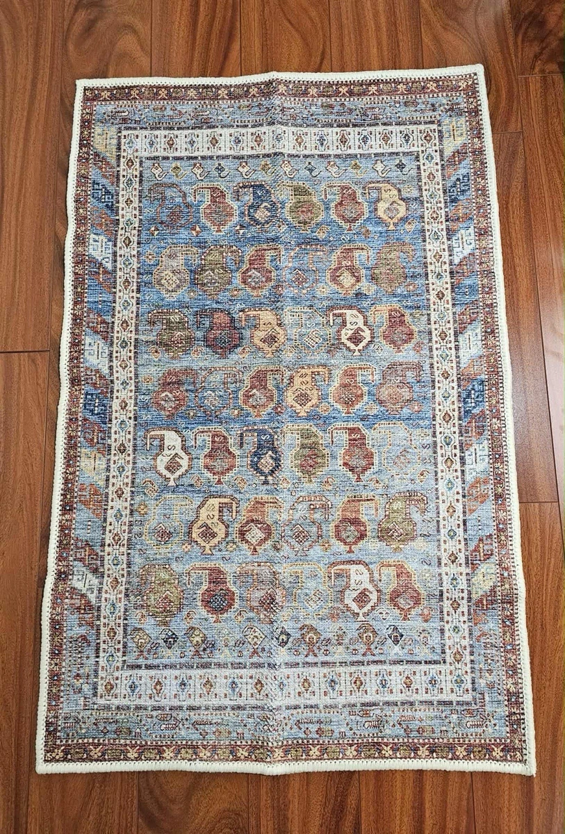 2x3 Vintage Washable Door Mat | Boho Oriental Entry Rug Blue Rust