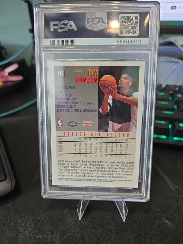 Карта дебютанта Тима Дункана 1997-98 Topps Chrome #115 PSA 9 - Изображение 2 из 2