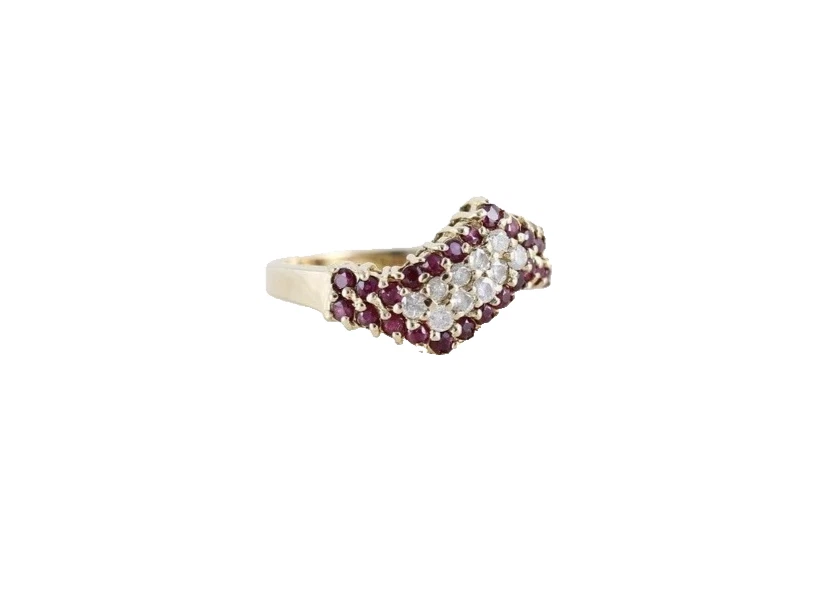 10k Yellow Gold Round Cut Natural Ruby and Diamonds Vintage Wedding Band Ring - Image 4 of 4