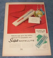 1957 Scripto Satellite Ball Pen Vintage Color Ad "Nobody Ever Gave This Before..