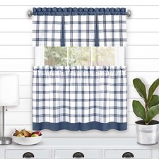 Plaid Checked 3-Piece Modern Window Kitchen Curtain, Solid Rod Pocket Top, Blue