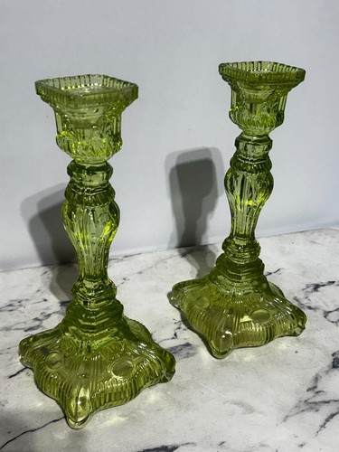 Two Vintage Nova Ivima 1895 Portugal Green Pressed Lime Glass Candle Holder - Picture 7 of 17