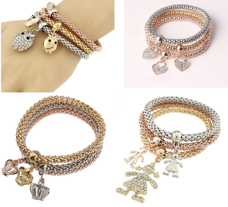 3PCS Fashion Gold Silver Crystal Bangle Charm Cartoon Owl Elastic Bracelet S9