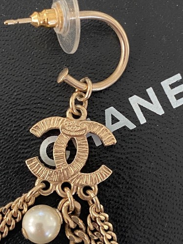 Chanel Pearl Drop Hoop Dangle Earrings 10A - Picture 3 of 5