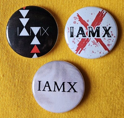IAMX three 25mm button badges inc 'Kingdom Of Welcome Addiction'. Free UK P&P!