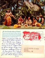 Luau Dancers and Tourists Fly United Airlines Hawaii HI Postcard