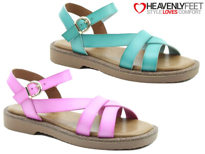 Womens Heavenly Feet Sandals Flat Strappy Slip On Footbed Comfort Summer  Shoes UK