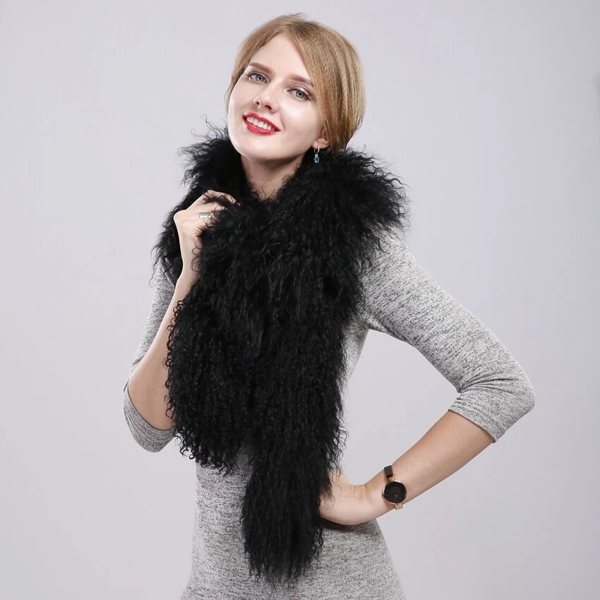 Bufanda chal de piel de cordero mongol real para mujer doble cara súper larga negra Foto 2 de 4
