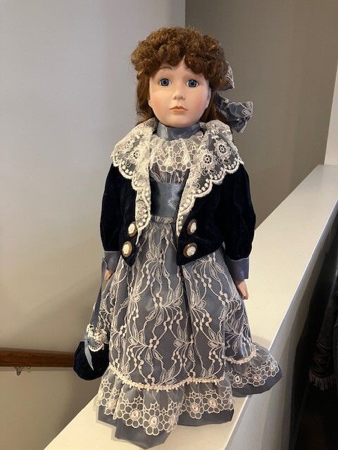 Marian Yu Design Porcelain Doll Blue Velvet & Lace Dress with Stand 18" #3970