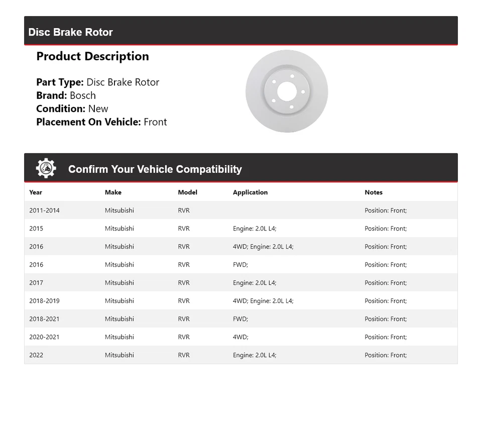 Rotor de freno de disco delantero para Mitsubishi RVR Bosch QuietCast 2011-2022 2012 2013 Foto 2 de 4