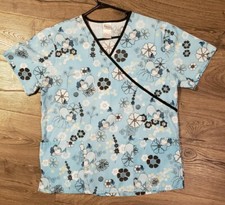 Disney Eeyore Womens Medium Turquoise Blue Floral Medical Nurse Scrub Top