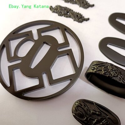 Nice Set Fittings Iron Tsuba Guard Black