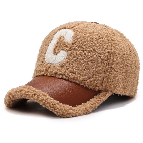 Gorras de béisbol de lana cálida para mujer invierno letra C cuero cordero lana sombrero a presión - Imagen 13 de 33