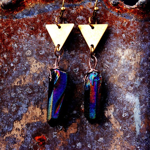 Natural Clear Quartz Crystal Earrings Triangle Geometry Celestial Jewelry Gift - Picture 8 of 13