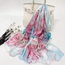 100% Silk Scarf Women neckerchief long Shawl Wrap Floral pink red blue CX6-47