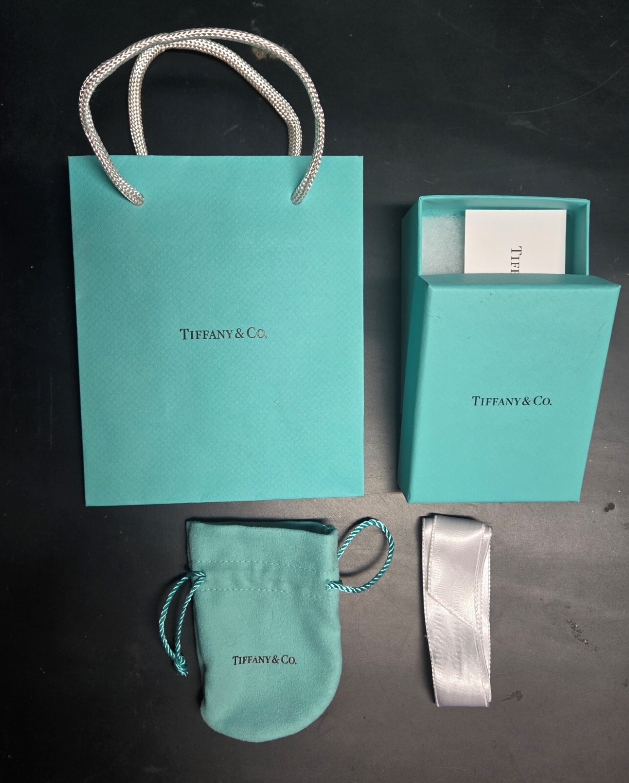 Tiffany & Co. Empty Packaging, Blue Box, Pouch, Ribbon, Shopping Bag 4pc Set