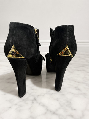 Louis Vuitton Black Suede Bow Peep Toe Ankle Boots Booties EU 38 Gold LV