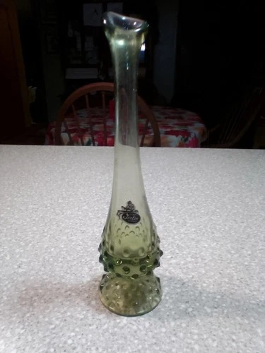Rare Vintage Fenton Green Hobnail Swung Vase - Footed - Original Sticker - MCM