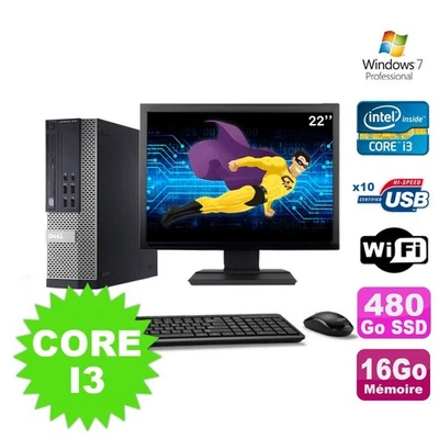 Lot PC Dell Optiplex 990 SFF I3-2120 3.3GHz 16Go 480Go SSD DVD Wifi W7 + Ecran 2 - Photo 1/4