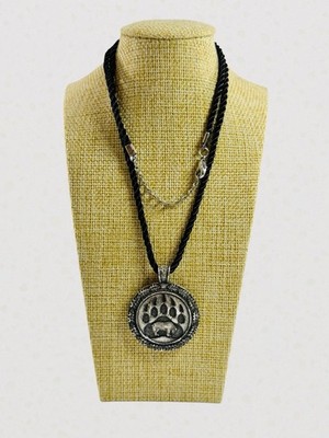 Grizzly Bear Paw Pendant Charm Necklace Dual Sided Silver Tone Twisted Rope 20 