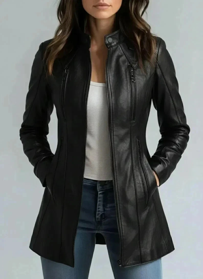 NEW Women's High Quality Genuine Leather Outerwear Coat - Long Fitted Style Coat