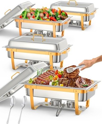 4PCS Gold Chafing Dish Set 8 Qt Stainless Steel Buffet Chafer for Wedding Party