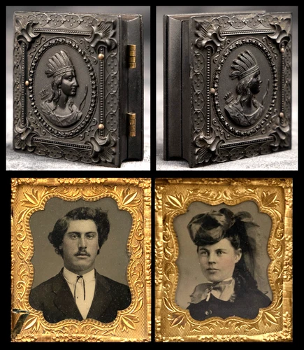 Two Berg 1-178 RARE Indian Head Union Cases, 1/16 Plate Married Couple Tintypes