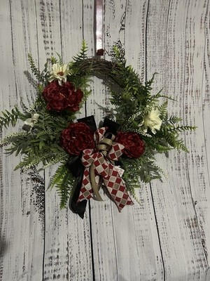 Grapevine Wreath with Red/White Green Silk Flowers Wood Bow Ribbon Door Decor