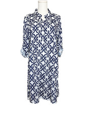 Tango Mango V Neck Collared Tunic Dress Navy White Roll Tab Sleeves Large