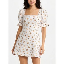 REFORMATION 100% Linen Evianna Dress Size 12 White Orange Floral Mini