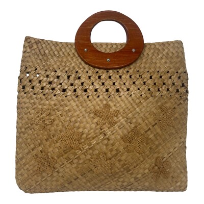 Vintage Boho Hand Woven Straw Handbag Purse Wooden Hoop Handles