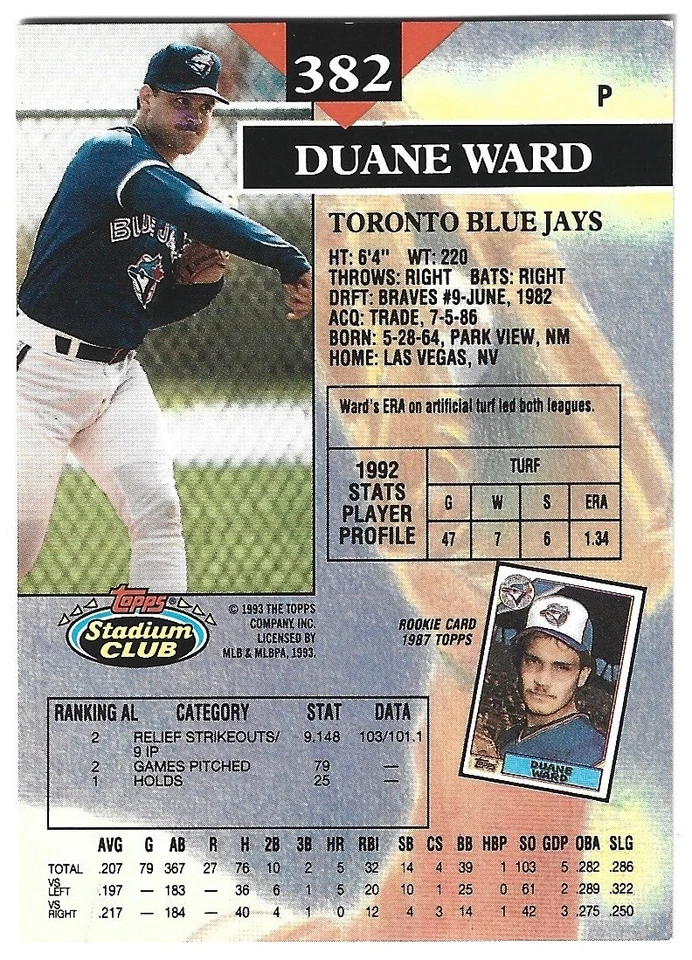 1993 Stadium Club - First Day Issue - Duane Ward - #382 - Blue Jays - NrMt - Image 4 of 4