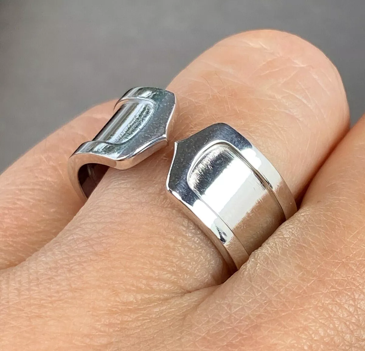 Cartier 18K White Gold Double C Cuff Wide 13 grams Heavy Band Ring Size 61 9.75