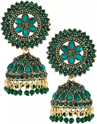 Beautiful and Attractive Green-White Brass Jhumki Earring for Girls and Women - Picture 3 of 3