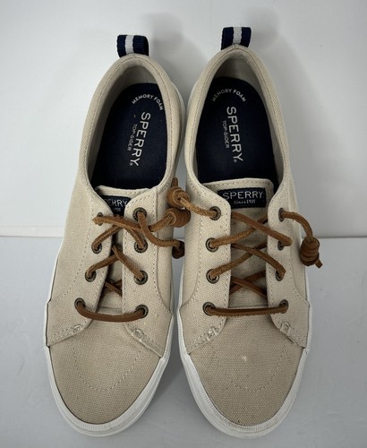Womens Authentic SPERRY Top Slider Tan Canvas Shoes 8 Memory Foam - Excellent