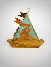 Handcrafted Wood Boat Nautical Decor Iron Flag Accents On Jute Rope Teal Blue