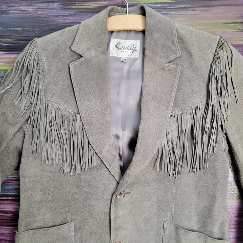 Scully Suede Western Fringe Jacket Sz 38 Mens Pockets Satin Lined Button Up Gray - Image 4 of 4